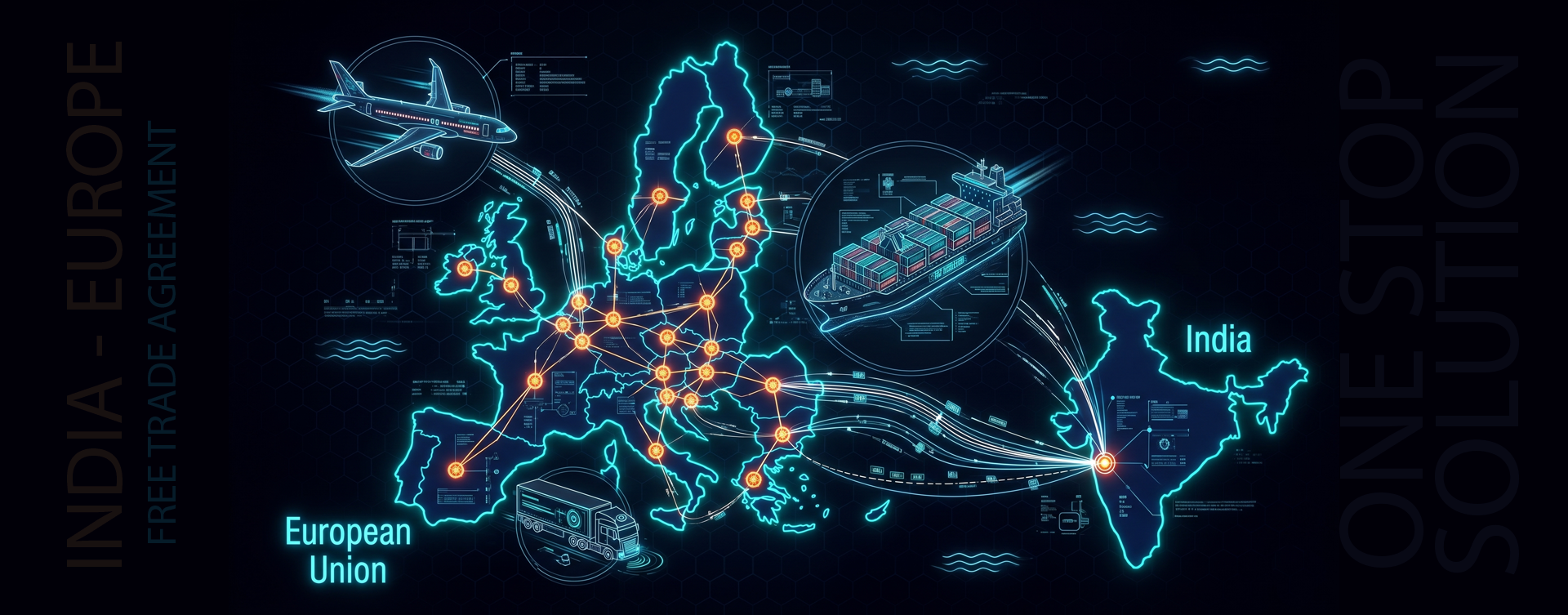 Map showing trade routes and partner locations between Europe and India